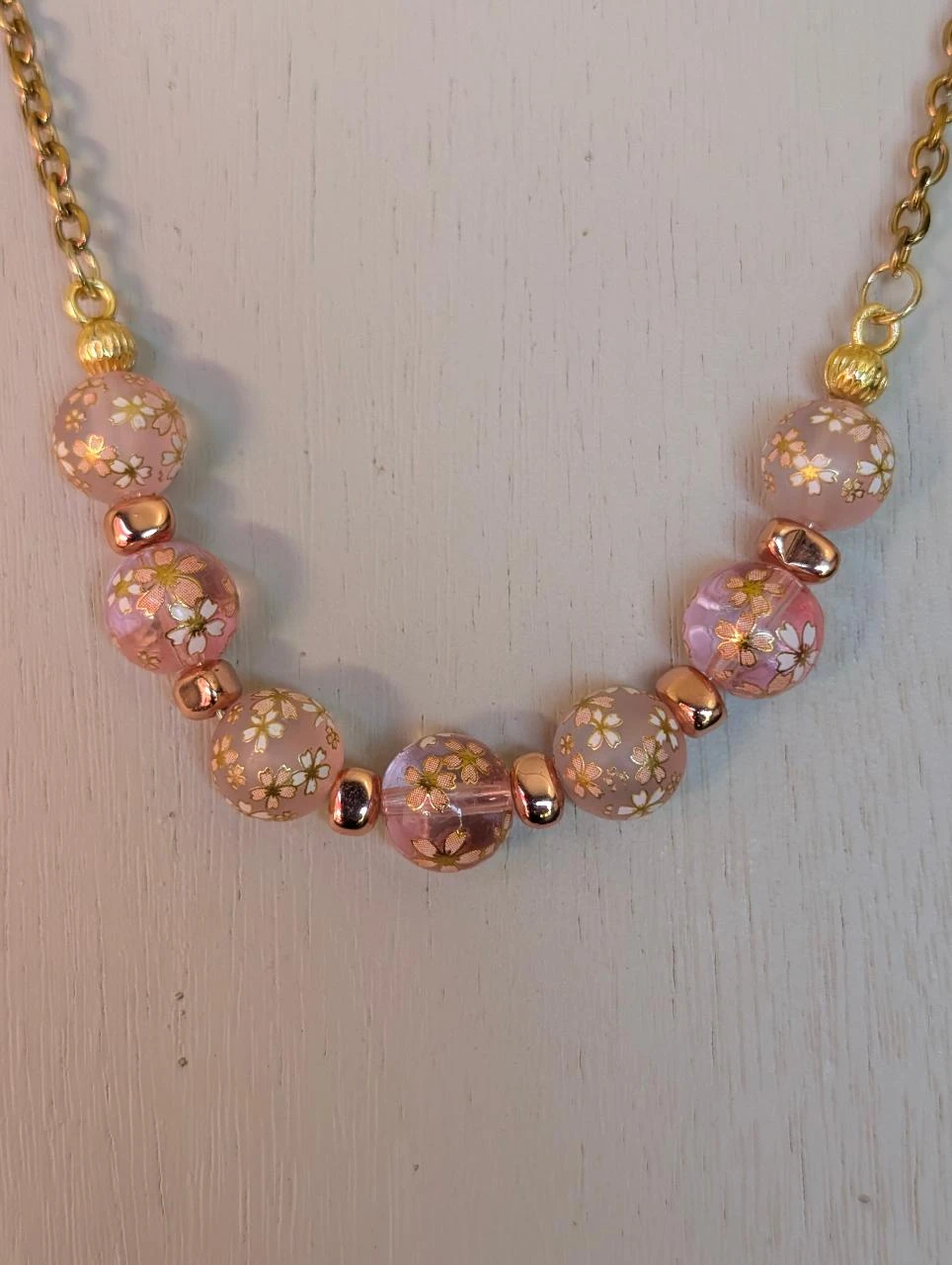 Set necklace and earrings on a chain with Japanese sakura pink beads PA1163 – photo 2
